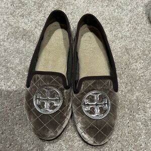 Pewter Velvet Tory Burch Sherpa lined Driving Shoe/ Slipper